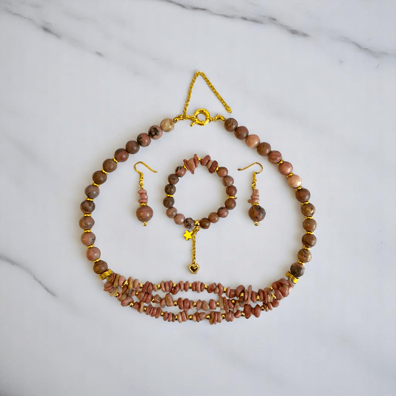 Blushing Set | Rhodonite Stone - For Women | Includes: Necklace, Bracelet, Earring