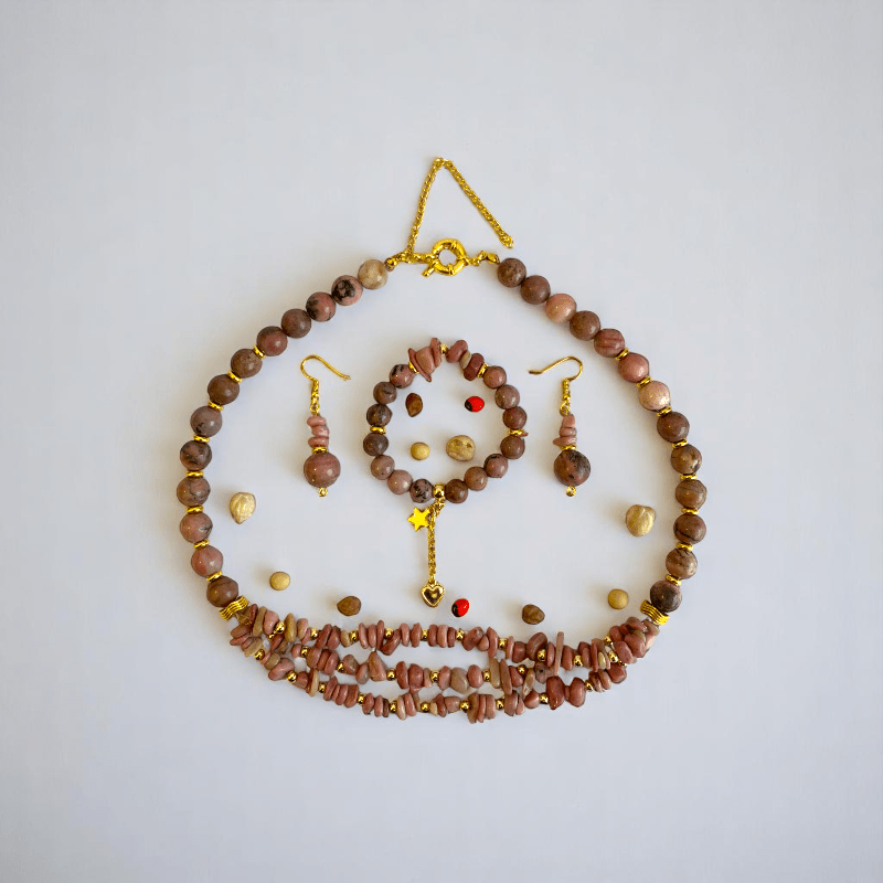 Blushing Set | Rhodonite Stone - For Women | Includes: Necklace, Bracelet, Earring