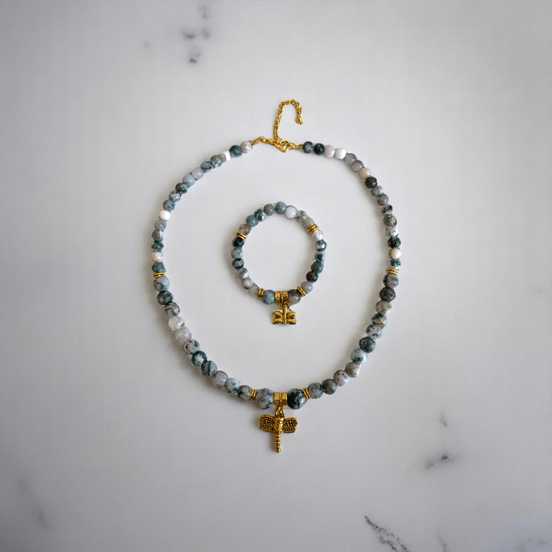 Natural Tranquility Set | Tree Agate Stone - For Women | Includes: Necklace, Bracelet