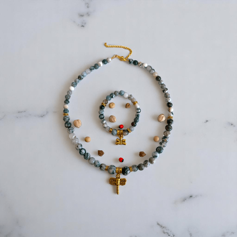 Natural Tranquility Set | Tree Agate Stone - For Women | Includes: Necklace, Bracelet