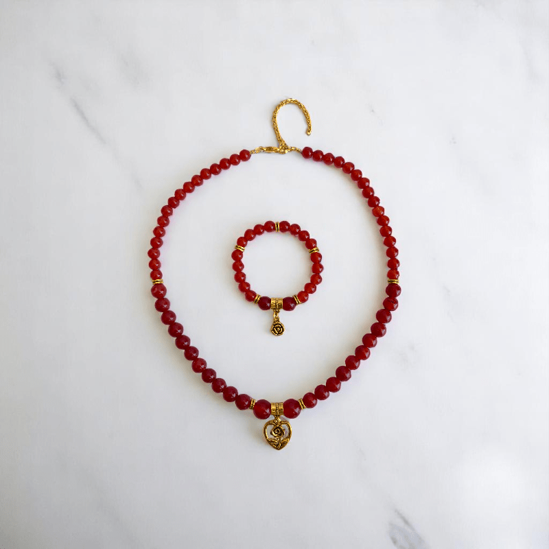 Hearted Rose Set | Red Onyx Stone - For Women | Includes: Necklace, Bracelet