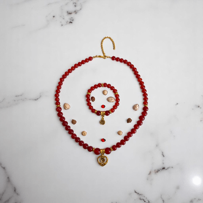 Hearted Rose Set | Red Onyx Stone - For Women | Includes: Necklace, Bracelet