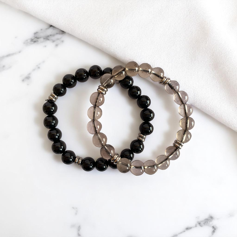 Strength Bracelet Set | Smokey & Black Obsidian - For Unisex | Includes: Bracelets (Set of 2)