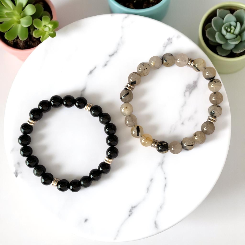 Protective Bracelet Set | Black Obsidian & Rutile - For Unisex | Includes: Bracelets (Set of 2)