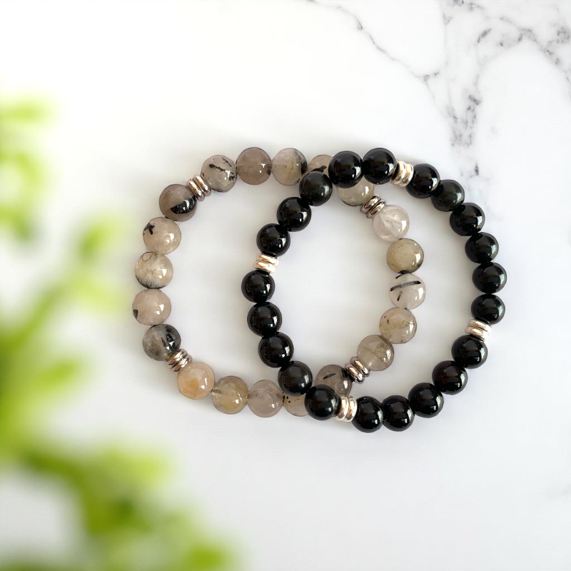 Protective Bracelet Set | Black Obsidian & Rutile - For Unisex | Includes: Bracelets (Set of 2)