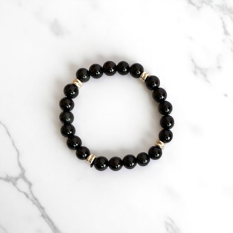 Shield Bracelet Set | Black Obsidian & Rhodonite - For Unisex | Includes: Bracelets (Set of 2)