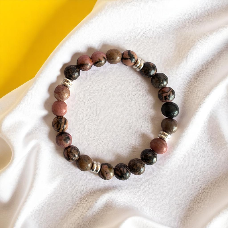 Shield Bracelet Set | Black Obsidian & Rhodonite - For Unisex | Includes: Bracelets (Set of 2)