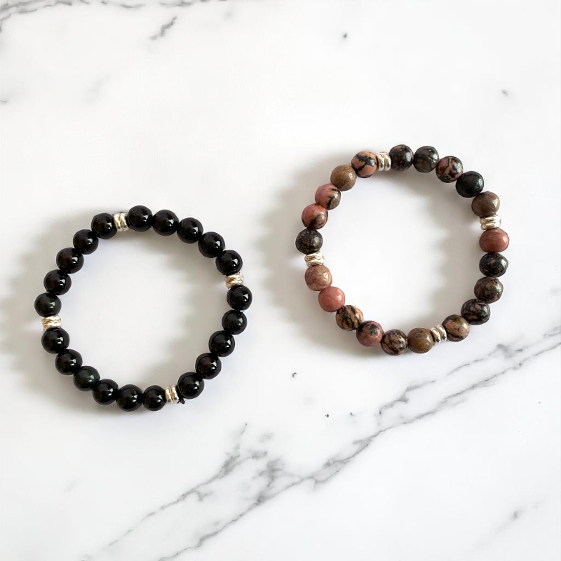 Shield Bracelet Set | Black Obsidian & Rhodonite - For Unisex | Includes: Bracelets (Set of 2)
