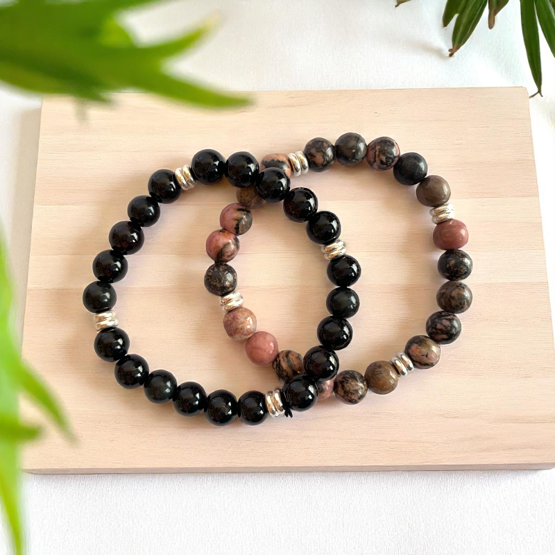 Shield Bracelet Set | Black Obsidian & Rhodonite - For Unisex | Includes: Bracelets (Set of 2)