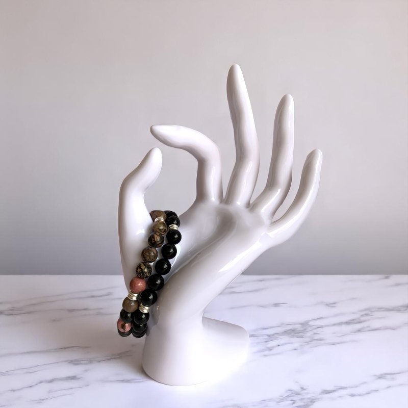Shield Bracelet Set | Black Obsidian & Rhodonite - For Unisex | Includes: Bracelets (Set of 2)