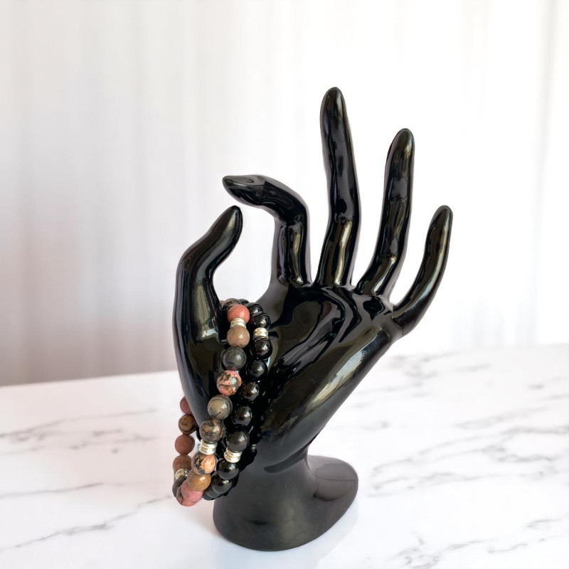 Shield Bracelet Set | Black Obsidian & Rhodonite - For Unisex | Includes: Bracelets (Set of 2)