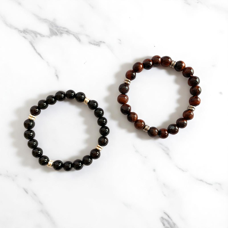 Courage Bracelet Set | Obsidian & Red Tiger Eye - For Unisex | Includes: Bracelets (Set of 2)