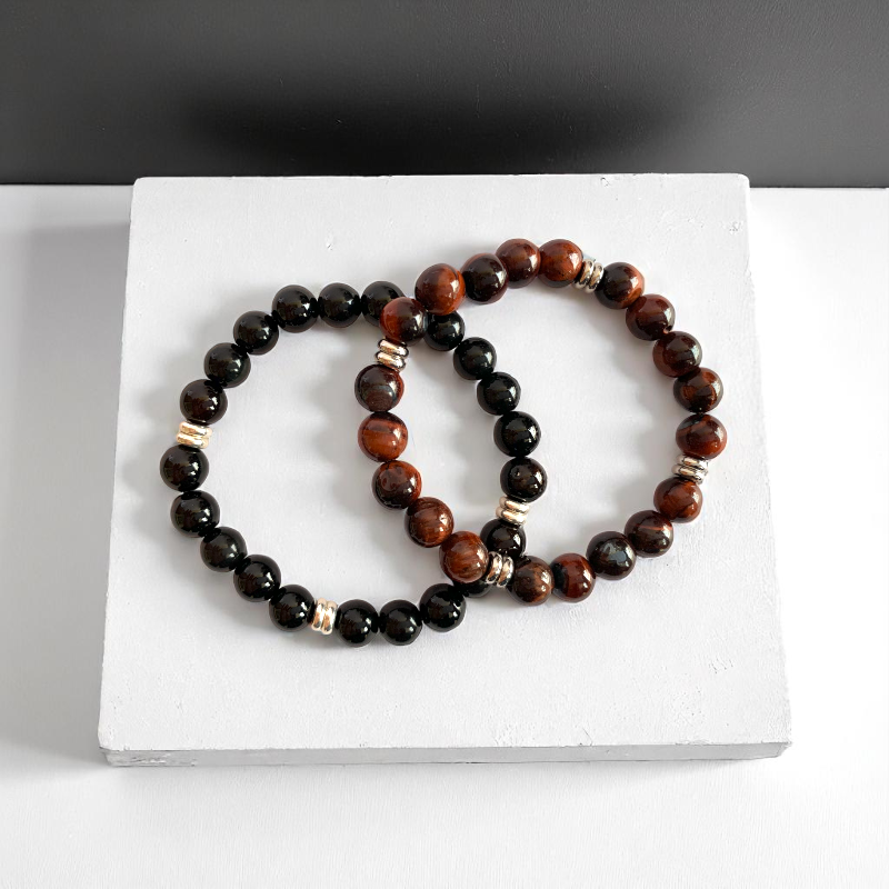 Courage Bracelet Set | Obsidian & Red Tiger Eye - For Unisex | Includes: Bracelets (Set of 2)