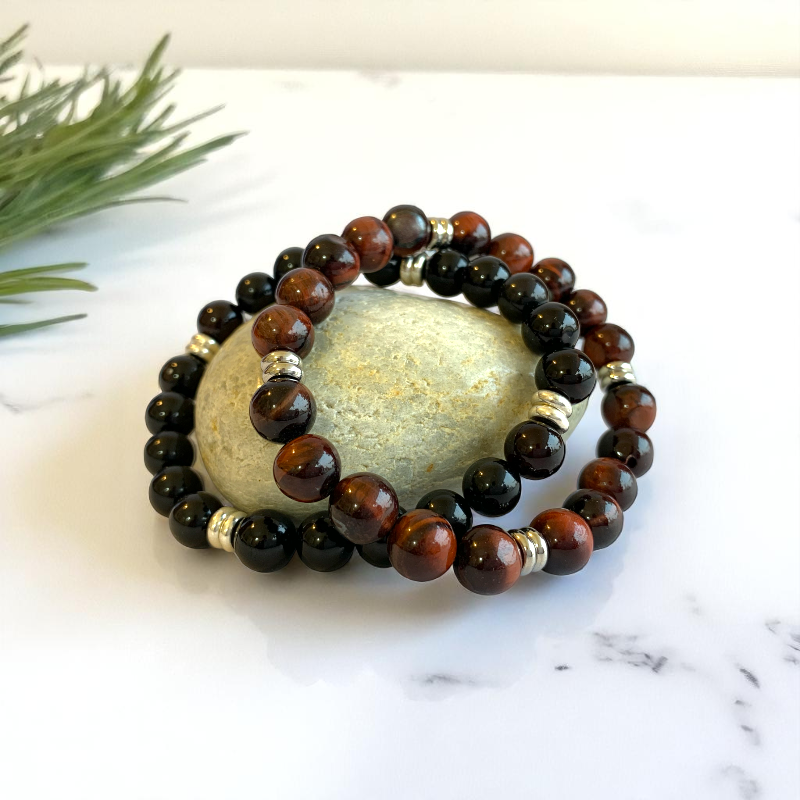 Courage Bracelet Set | Obsidian & Red Tiger Eye - For Unisex | Includes: Bracelets (Set of 2)