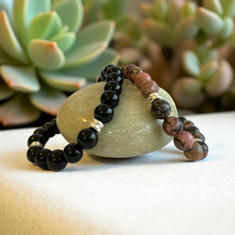 Shield Bracelet Set | Black Obsidian & Rhodonite - For Unisex | Includes: Bracelets (Set of 2)