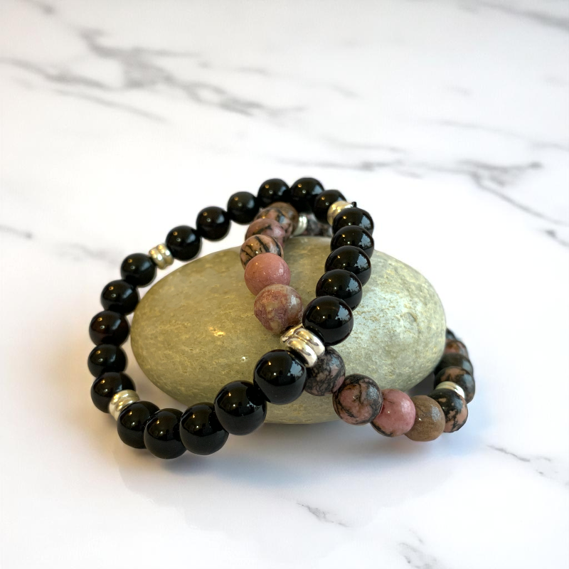 Shield Bracelet Set | Black Obsidian & Rhodonite - For Unisex | Includes: Bracelets (Set of 2)