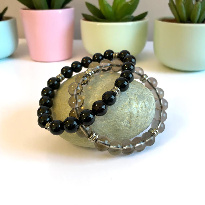 Strength Bracelet Set | Smokey & Black Obsidian - For Unisex | Includes: Bracelets (Set of 2)