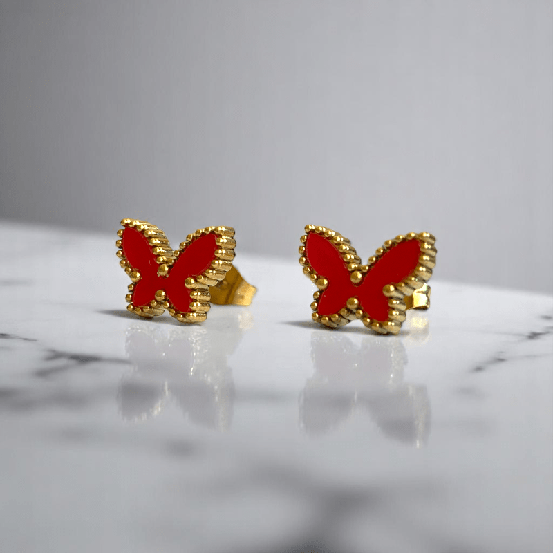 Cherry Red Butterfly Set | PVD 18K Gold Plated, Water Proof & Stainless Steel - For Women | Includes: Necklace, Earrings, Ring