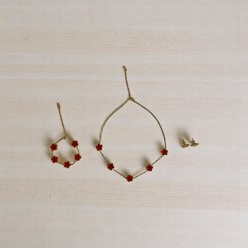 Crimson Floral Set | PVD 18K Gold Plated, Stainless Steel - For Women | Includes: Necklace, Bracelet, Earrings
