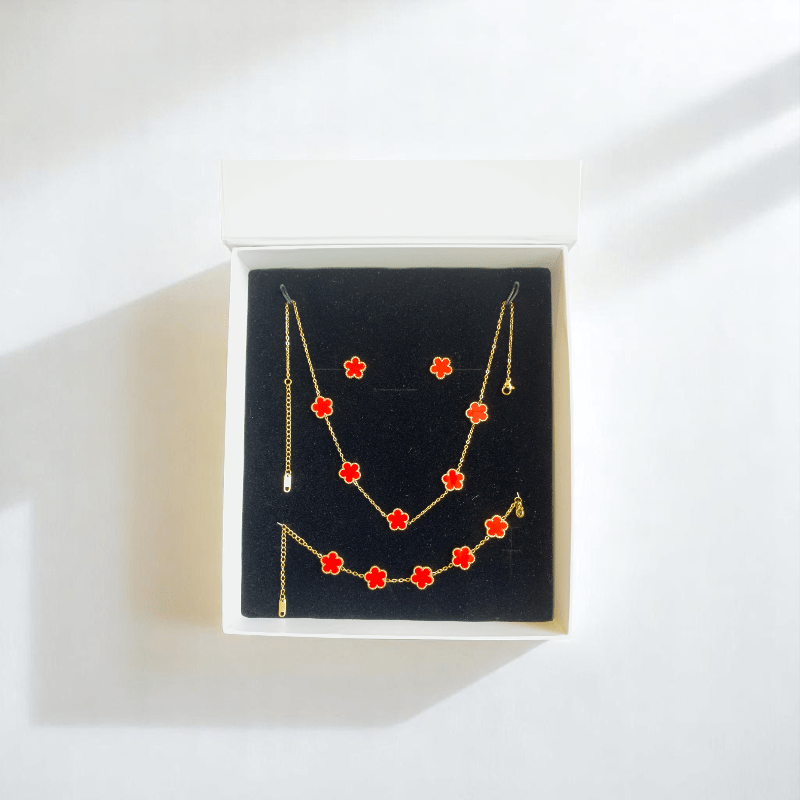 Crimson Floral Set | PVD 18K Gold Plated, Stainless Steel - For Women | Includes: Necklace, Bracelet, Earrings