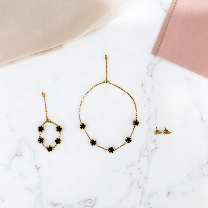 Noir Blossom Set | PVD 18K Gold Plated- For Women | Includes: Necklace, Bracelet, Earrings
