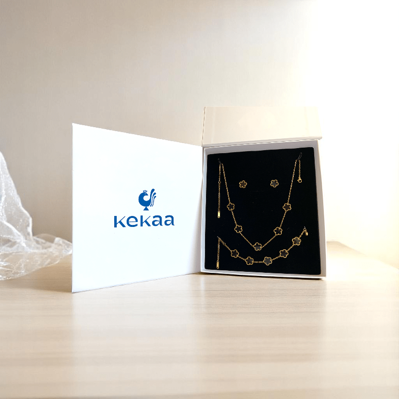Noir Blossom Set | PVD 18K Gold Plated- For Women | Includes: Necklace, Bracelet, Earrings