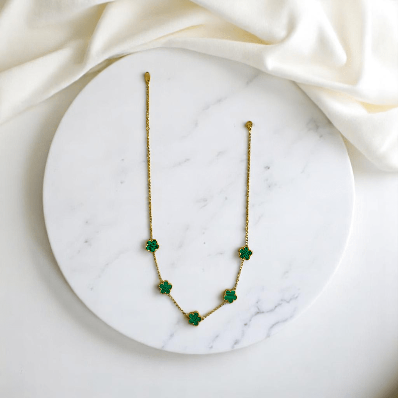 Green Floral Set | PVD 18K Gold Plated & Stainless Steel - For Women | Includes: Necklace, Earrings