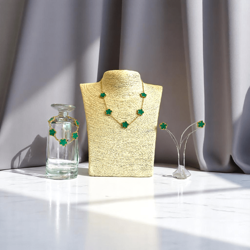 Green Floral Set | PVD 18K Gold Plated & Stainless Steel - For Women | Includes: Necklace, Earrings