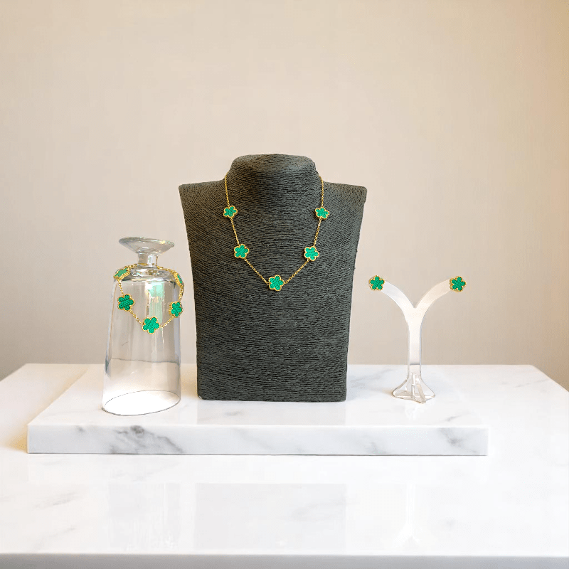 Green Floral Set | PVD 18K Gold Plated & Stainless Steel - For Women | Includes: Necklace, Earrings