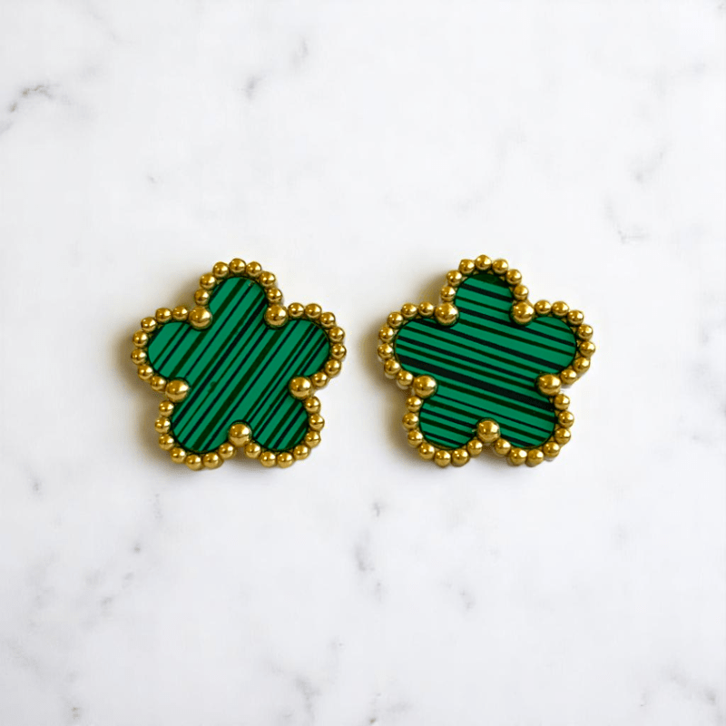 Green Floral Set | PVD 18K Gold Plated & Stainless Steel - For Women | Includes: Necklace, Earrings