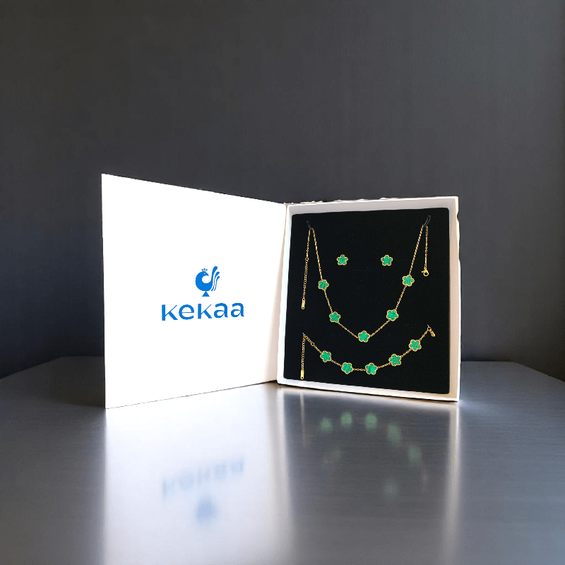 Green Floral Set | PVD 18K Gold Plated & Stainless Steel - For Women | Includes: Necklace, Earrings