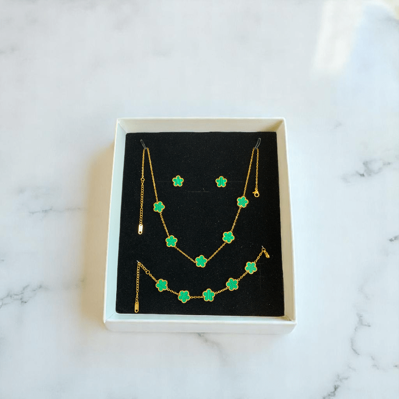 Green Floral Set | PVD 18K Gold Plated & Stainless Steel - For Women | Includes: Necklace, Earrings
