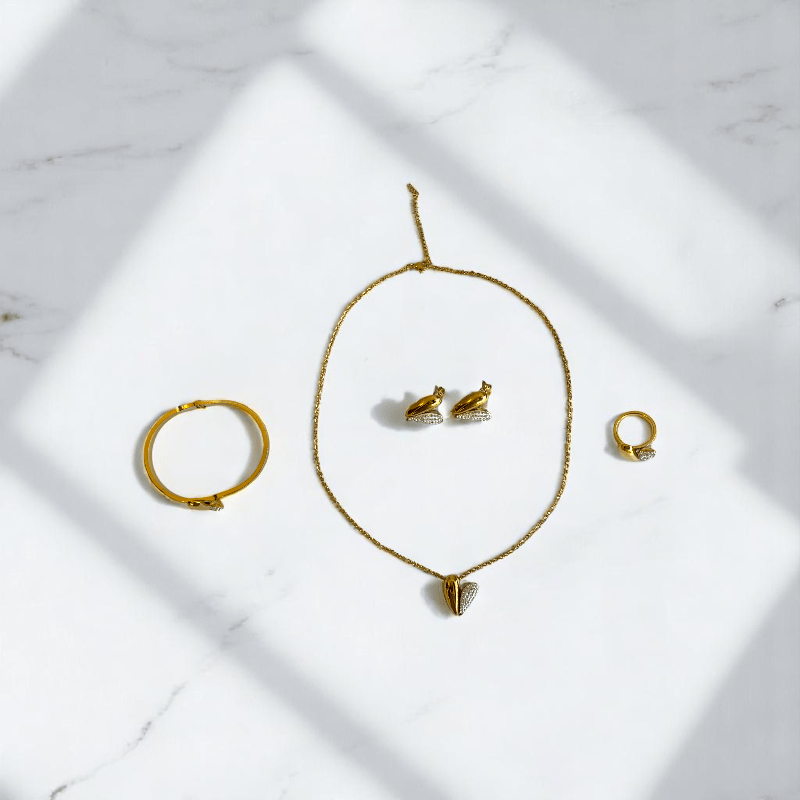Amour Glow Set | PVD 18K Gold Plated, Water Proof- For Women | Includes: Necklace, Bracelet, Earrings, Ring