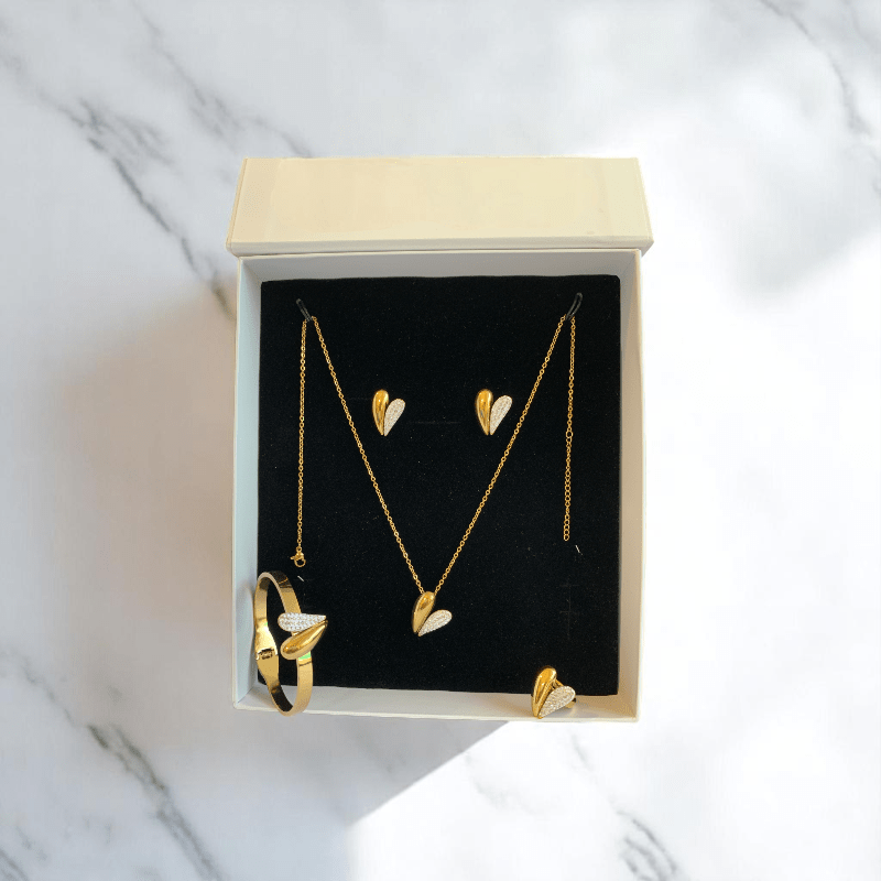 Amour Glow Set | PVD 18K Gold Plated, Water Proof- For Women | Includes: Necklace, Bracelet, Earrings, Ring