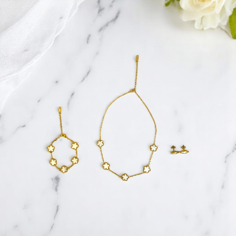 Ivory Bloom Set | PVD 18K Gold Plated - For Women | Includes: Necklace, Earrings, Bracelet