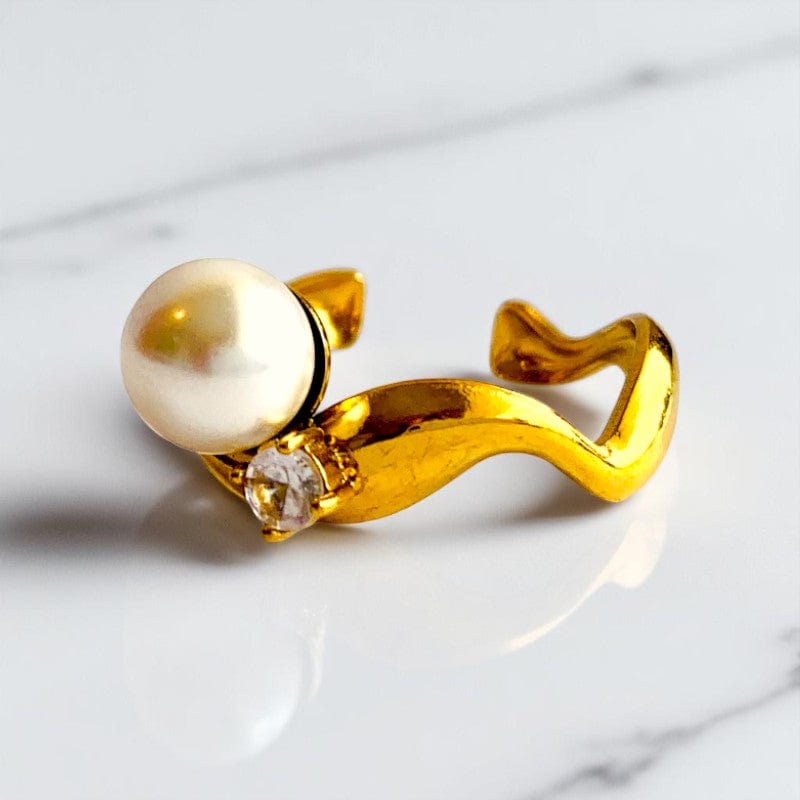 Wavy Pearl Zircon Ring | 18K PVD Gold Plated - For Women | Includes: Ring