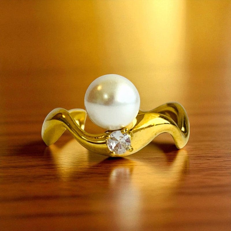 Wavy Pearl Zircon Ring | 18K PVD Gold Plated - For Women | Includes: Ring