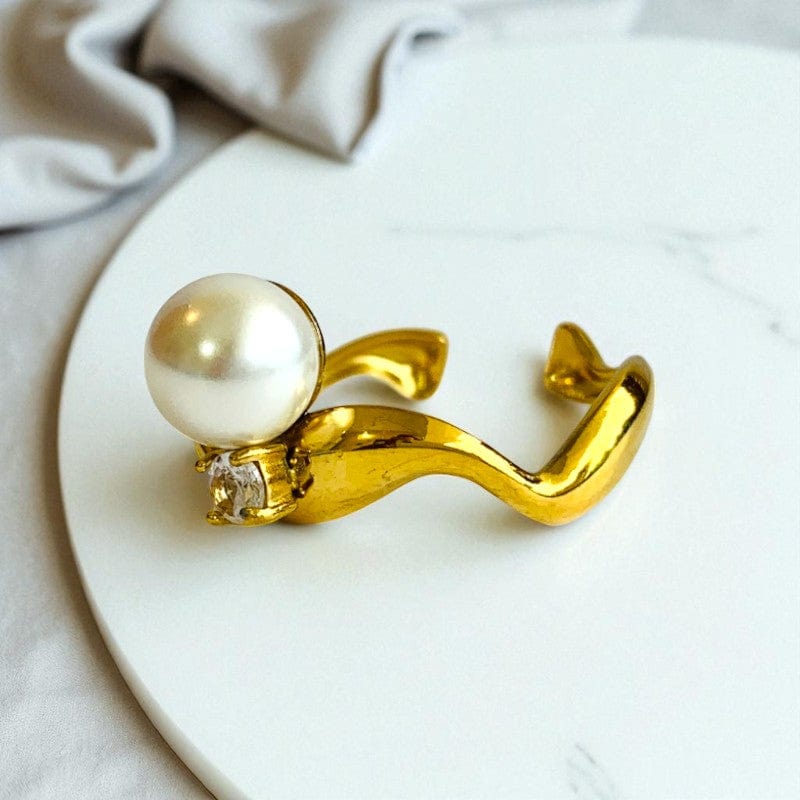 Wavy Pearl Zircon Ring | 18K PVD Gold Plated - For Women | Includes: Ring