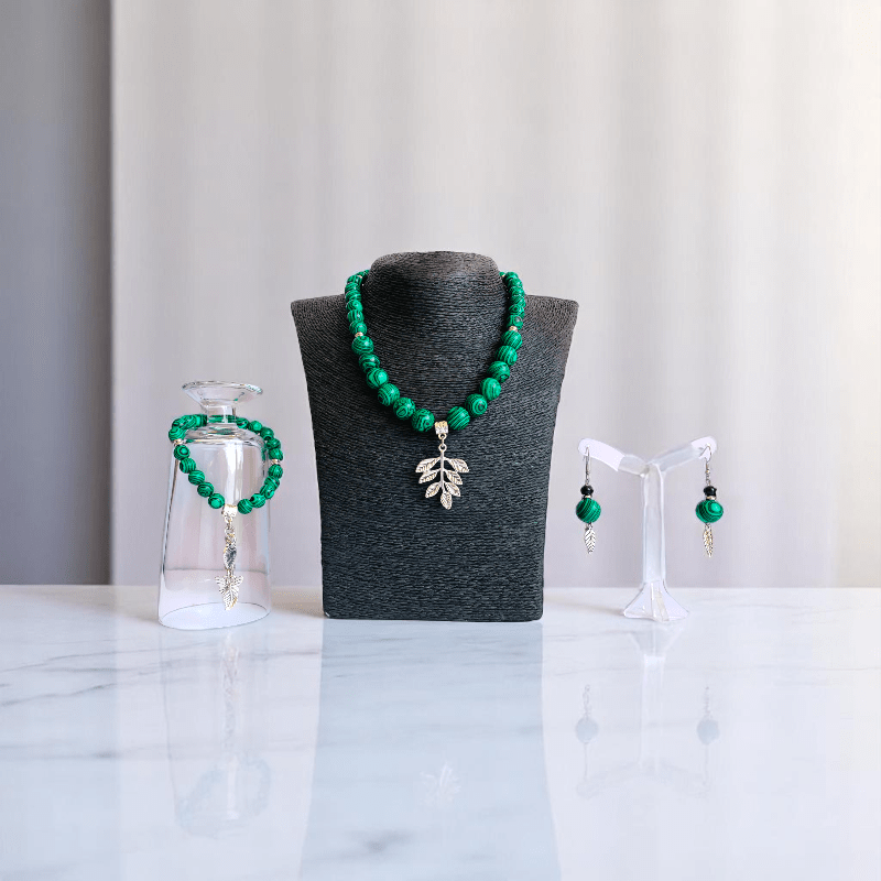 WildLeaf Charm Set | Malachite Stone - For Women | Includes: Necklace, Bracelet, Earring