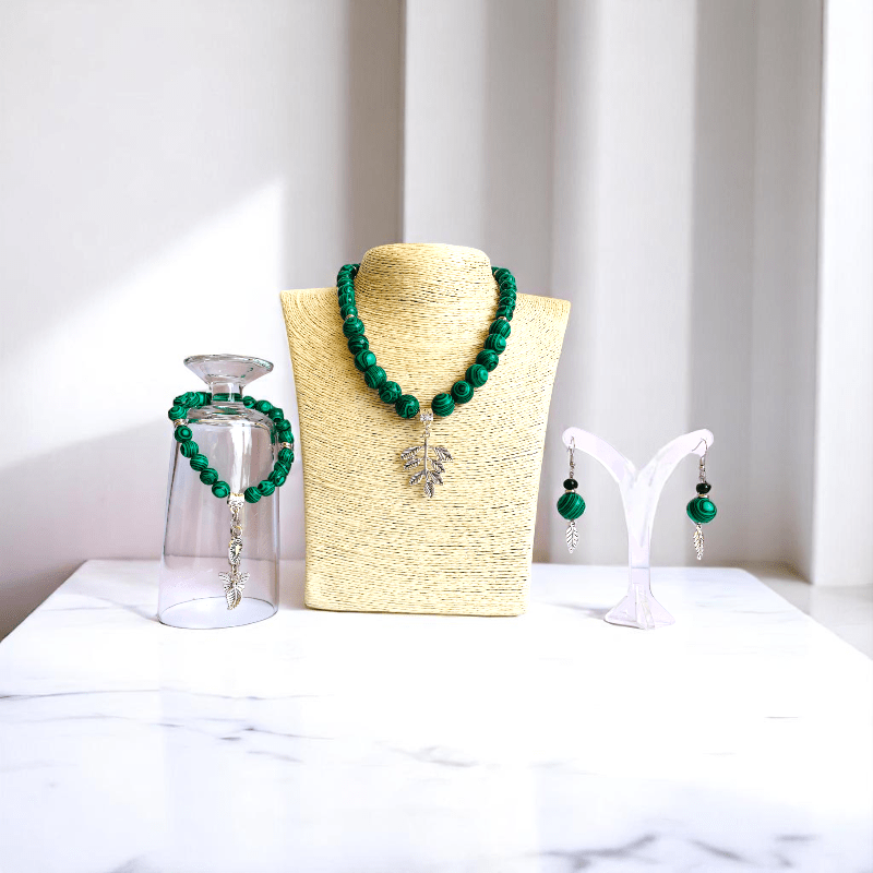 WildLeaf Charm Set | Malachite Stone - For Women | Includes: Necklace, Bracelet, Earring