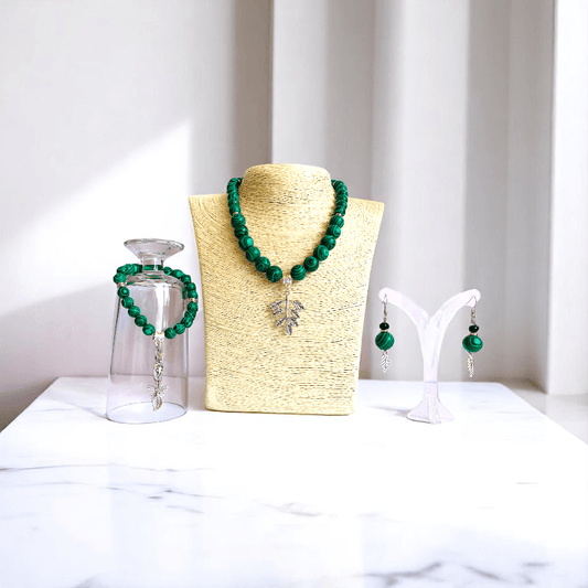 WildLeaf Charm Set | Malachite Stone - For Women | Includes: Necklace, Bracelet, Earring