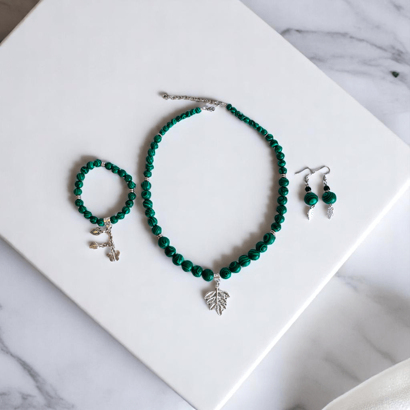 WildLeaf Charm Set | Malachite Stone - For Women | Includes: Necklace, Bracelet, Earring
