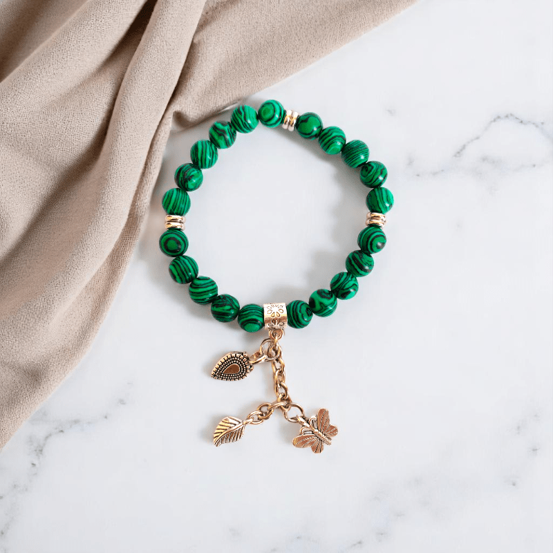 WildLeaf Charm Set | Malachite Stone - For Women | Includes: Necklace, Bracelet, Earring