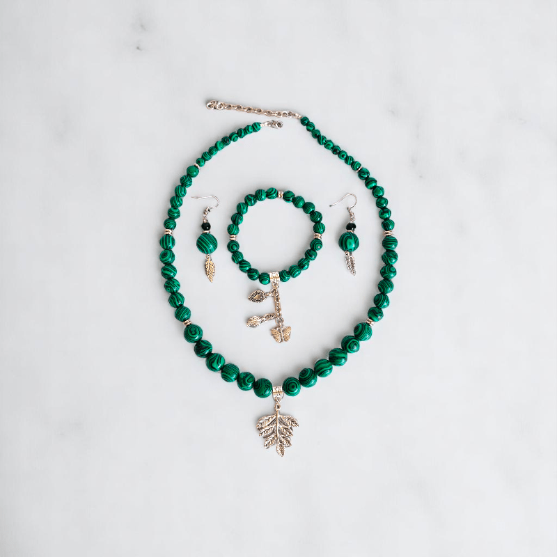 WildLeaf Charm Set | Malachite Stone - For Women | Includes: Necklace, Bracelet, Earring