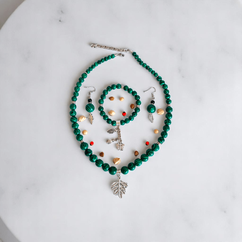 WildLeaf Charm Set | Malachite Stone - For Women | Includes: Necklace, Bracelet, Earring