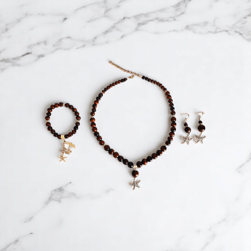 Ocean Ember Set | Red Tiger Eye Stone - For Women | Includes: Necklace, Bracelet, Earring