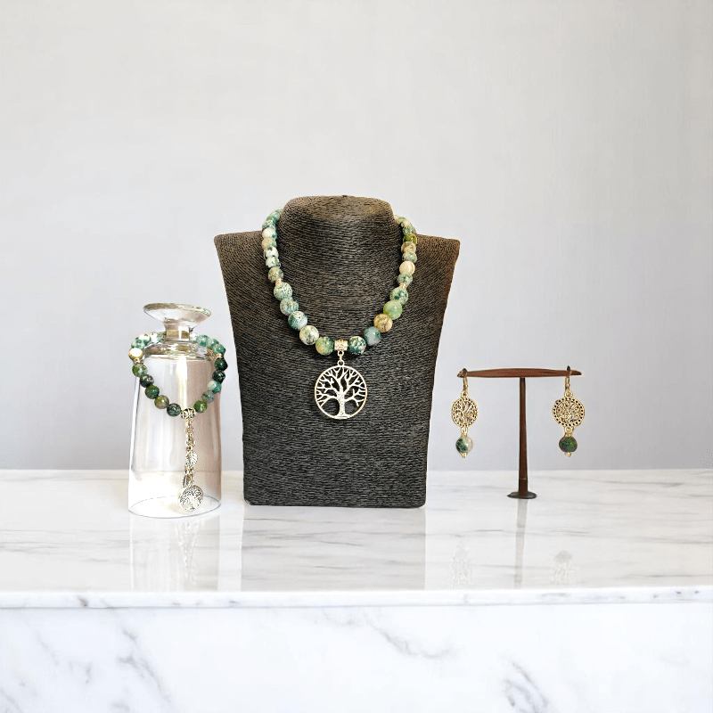 Tree of Tranquility Set | Tree Agate Stone - For Women | Includes: Necklace, Bracelet, Earring