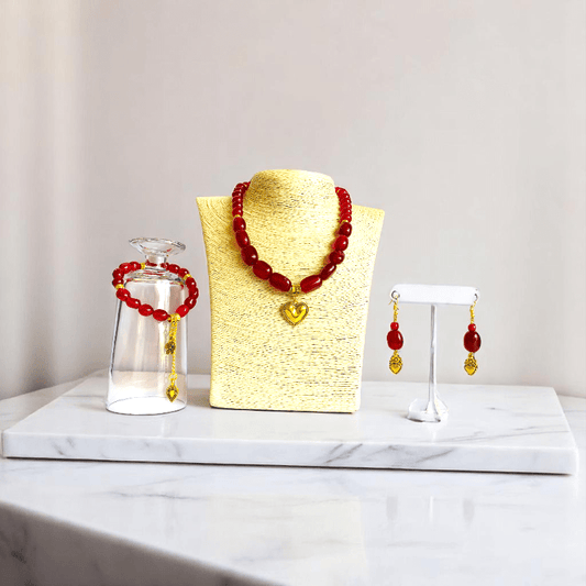 Golden Heart Set | Red Onyx Stone - For Women | Includes: Necklace, Bracelet, Earring