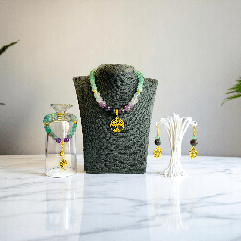 Aurora Glow Set | Fluorite Stone - For Women | Includes: Necklace, Bracelet, Earring