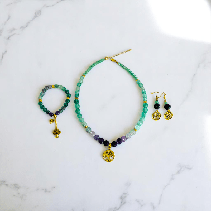 Aurora Glow Set | Fluorite Stone - For Women | Includes: Necklace, Bracelet, Earring